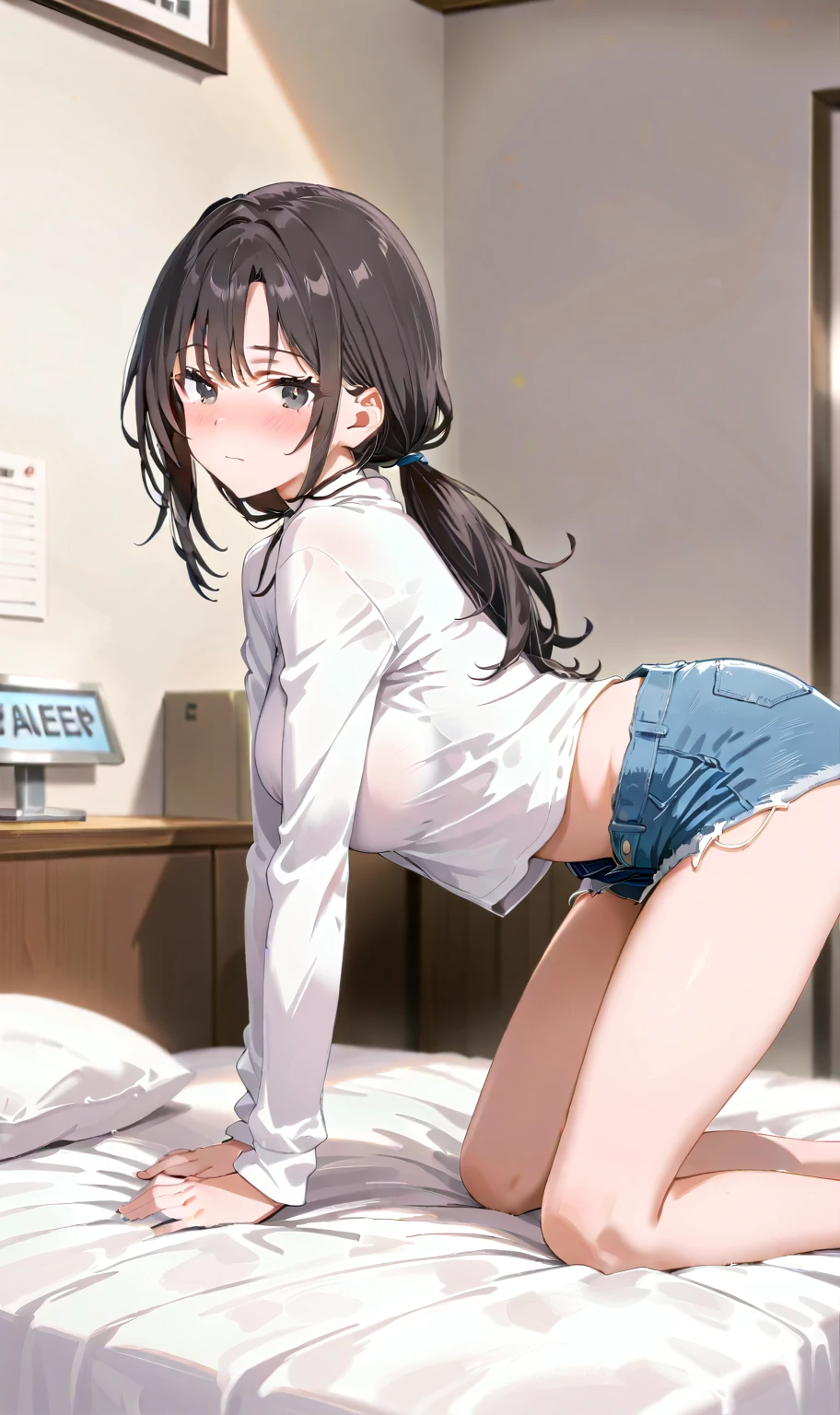 Super fine,girl,low length,long hair,shorts,chest,Erotic,cute pose