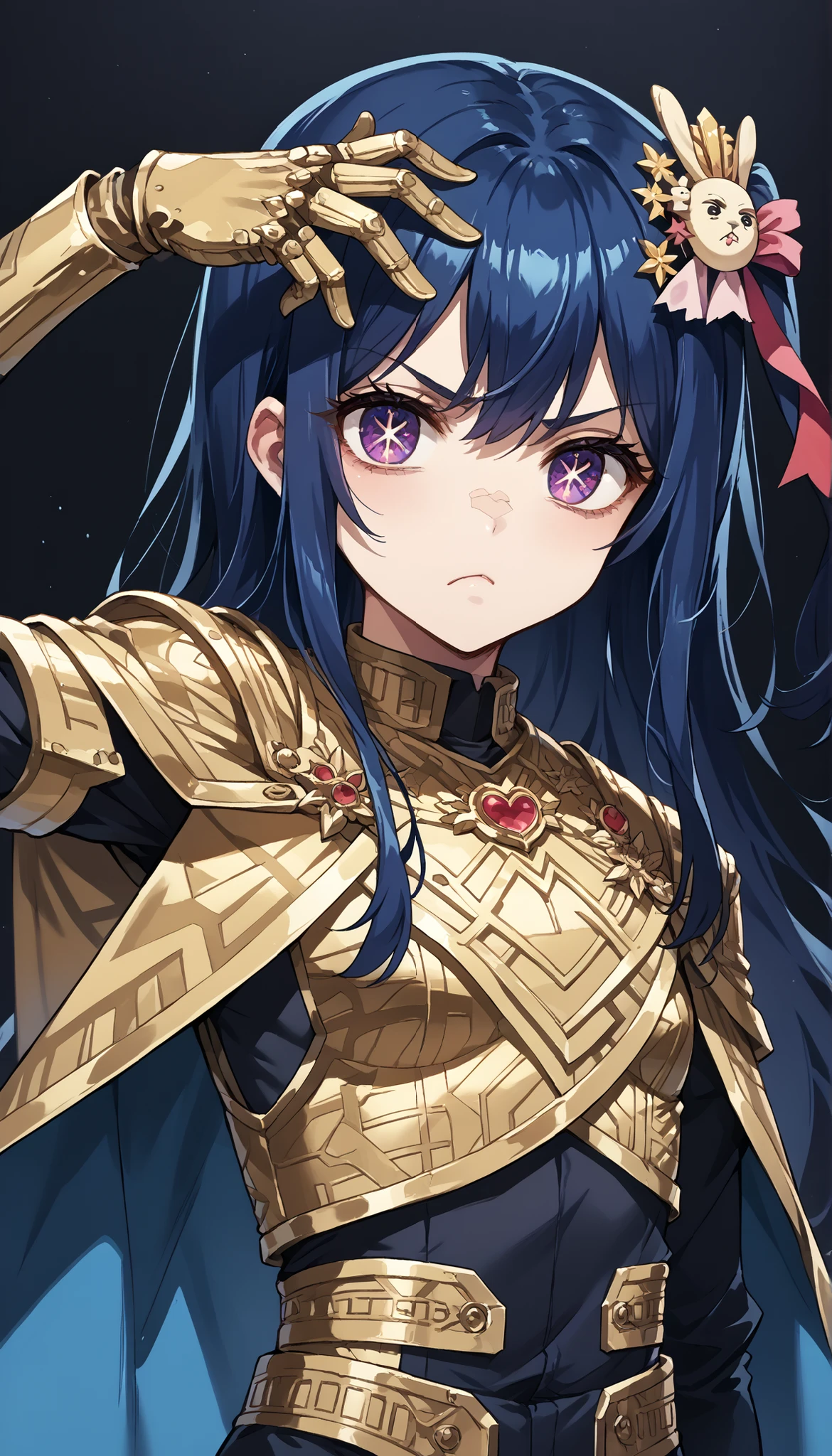 score_9, score_8_up, score_7_up,source_anime,BREAK, solo 1
hoshino_ai_oshi_no_ko, with blue hair
dressed in a body uniform and cape. metallic silver, with deep reds, blacks, or gold accents embodied mean sly evil bored deadpan blank straight-faced
expression
