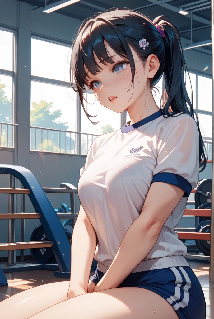 very cute and beautiful girl,(highly detailed beautiful face and eyes),(smile),happy,looking at viewer, (japanese ladies gym uniform),(blue bloomers),sitting,spread legs,arms behind back, locker room in training gym,black hair,hair band, (best quality,masterpiece),absurdres,highres,ultra-detailed,extremely detailed,32k,8k resolution, intricate details,cinematic scene,detailed background,solo,dynamic angle,realistic,