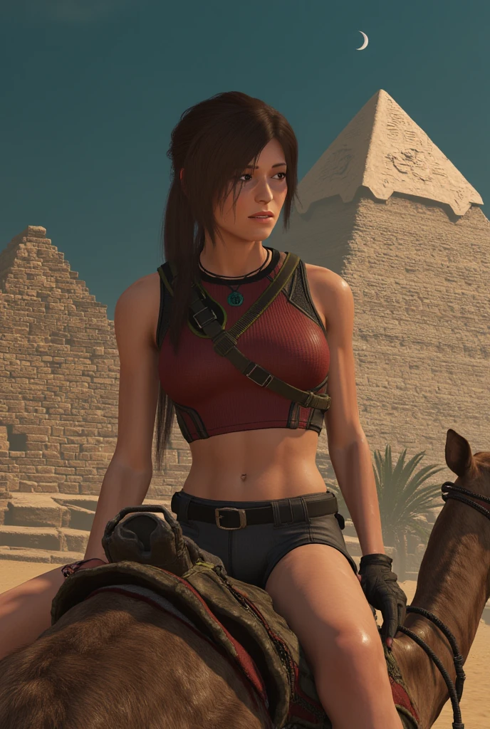 master piece), (highly quality), Kristin Kreuk, android_18, (visage parfait), defined jawline, lovely lips, (cheveux longs bruns avec ponytail), (beaux yeux verts), (anatomie parfaite), athletic body, (sexy, brawny), (mains parfaites), (mains sur la taille), Small Simple Gold looped Earrings, (en short et chemise kaki), (regardant le spectateur), (photographie moyenne), the Sphinx and the pyramids of Gizeh in the background, (tendance sur ArtStation, tendance sur CGSociety), (par Artgerm), (par Beln Ortega), (par Dan Mora), (par Terry Dodson), octane rendered, Unreal engine, style model shoot, Realistic,