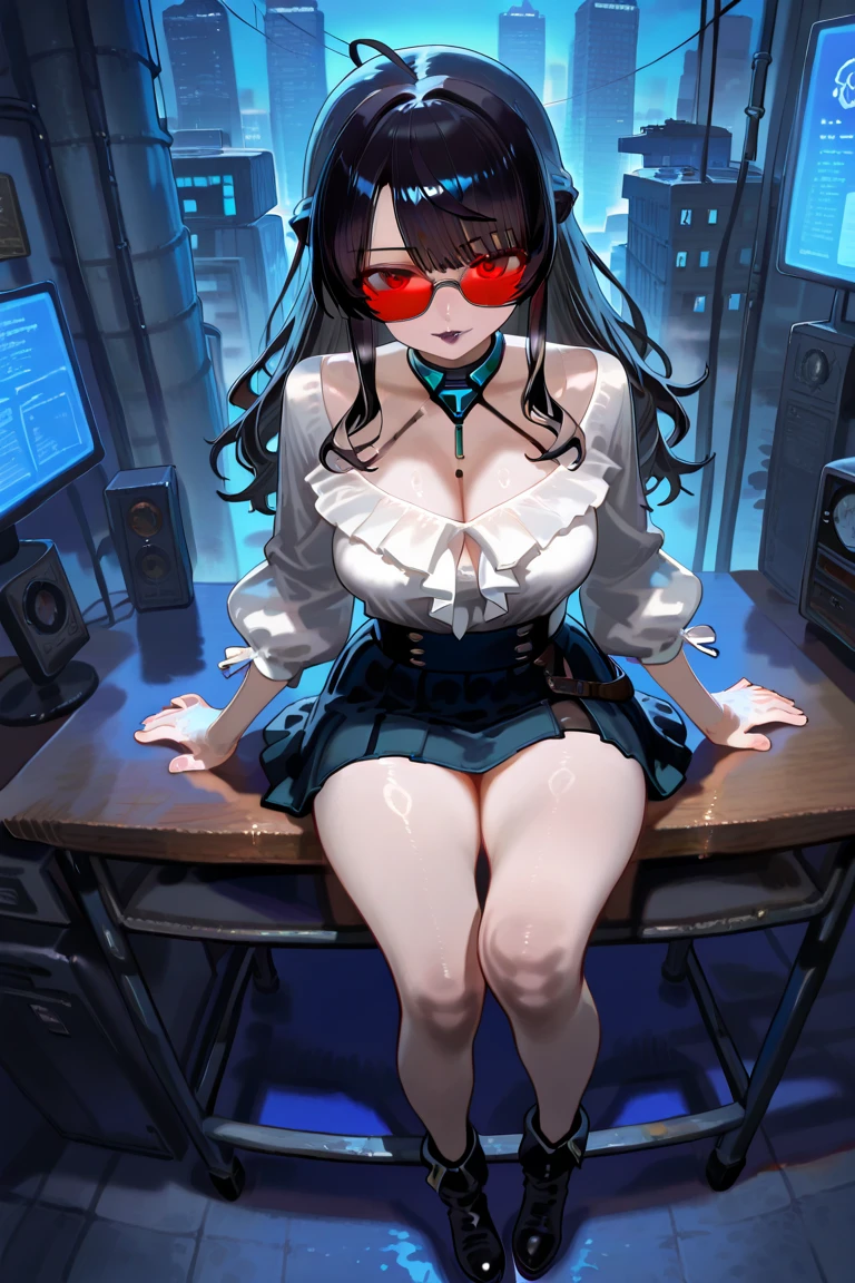 top-quality、Top image quality、masterpiece、 girl((Black Suit、18year old、 Ager、Best Bust、big bast,Black eyes, Long Black Hair、A slender,Large valleys、sit a chair、Operating a computer、Gentle face、A slight smil)),hiquality、Beautiful Art、Background with((Calm room、bookcase、Black walls、window、snow blowing、The table、Hot milk、Christmas))masterpiece、depth of fields,Cinematic style