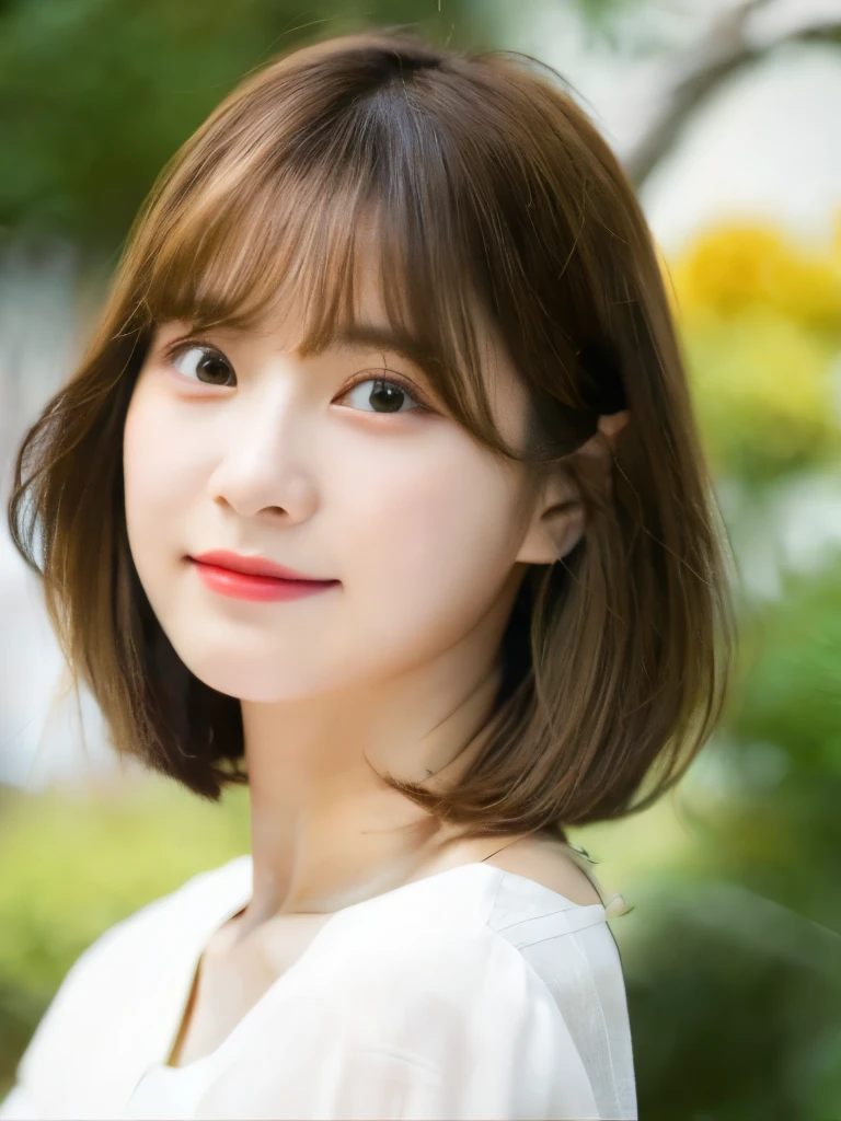Close-up of a brown-haired woman in a white shirt, Shoulders - Length hair, Medium length hair, Curtain bang, Medium length hair, with short hair, Shoulder-length hair, White princess cut hairstyle, Korean symmetrical face, short~Medium Hair, 薄い茶髪、、((窓のあるWhite wallの部屋))、Various poses、Simple Necklace、背景は部屋の中