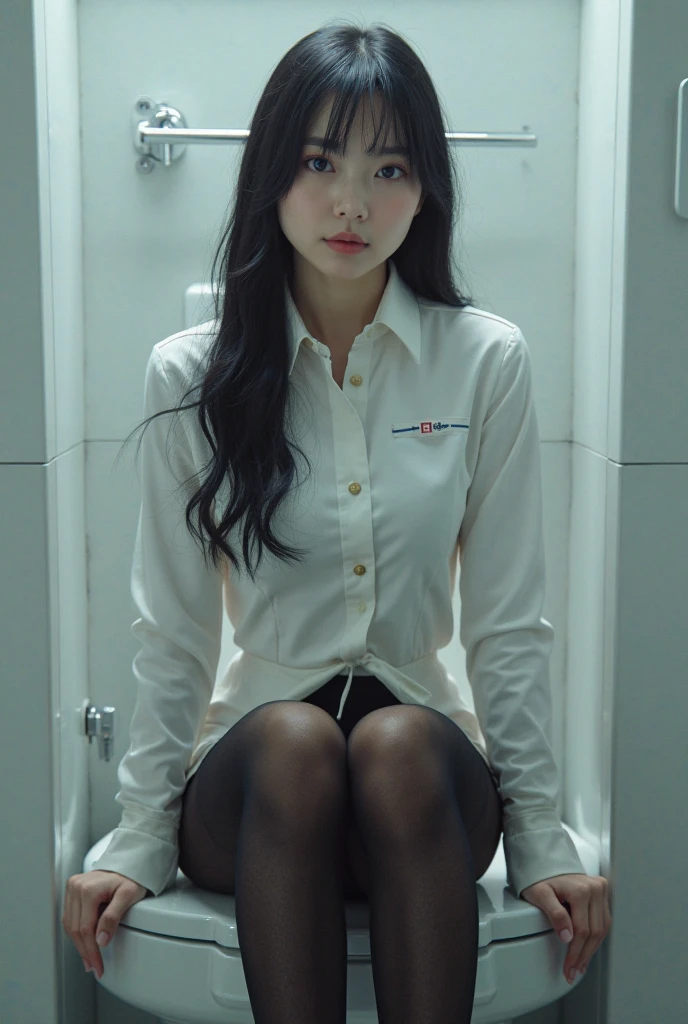 highest quality, masterpiece, 8K, ultra high resolution, (realistic: 1.4), 1 girl, beautiful face, symmetrical eyes, big, perfect body proportions, stewardess uniform, Viewer's line of sight, (inside the plane: 1.2), Front view, Shoulder jumps, Absolute area (1.3),