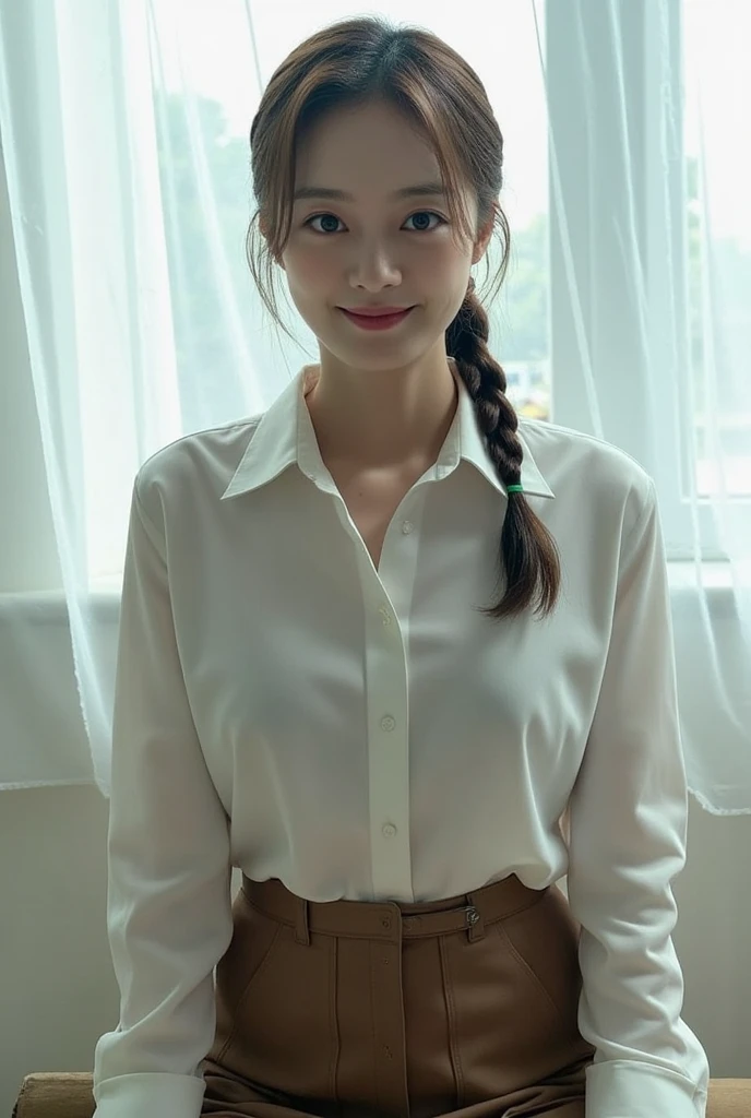 masterpiece, best quality, ultra quality, high quality, realistic, photo realistic, warm lighting,natural lighting,cinematic lighting,RAW photo, hyper detailed, intricate detailed, perfect anatomy, Fujifilm XT3,1girl,Japanese,(slender abs:1.3), hairy pussy,camel toe, Black semi-long twin braids, (from front:1.1),(look at camera:1.1),smile,(blushing:1.3),teary eyes,(standing:1.2),bedroom,(mideum shot),Glasses,(smile),(no bra,braless:1.3),(wearing collared white blouse:1.3),(wearing striped panty:1.3),(wearing tartan check skirt:1.3),braless,