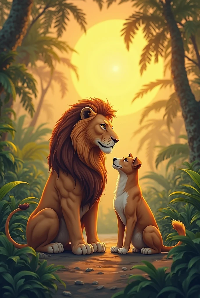 A hyena and a lion sitting together, they are in a place full of forests, rivers and animals, the scene contains vibrant and quite striking colors, comic book style.
