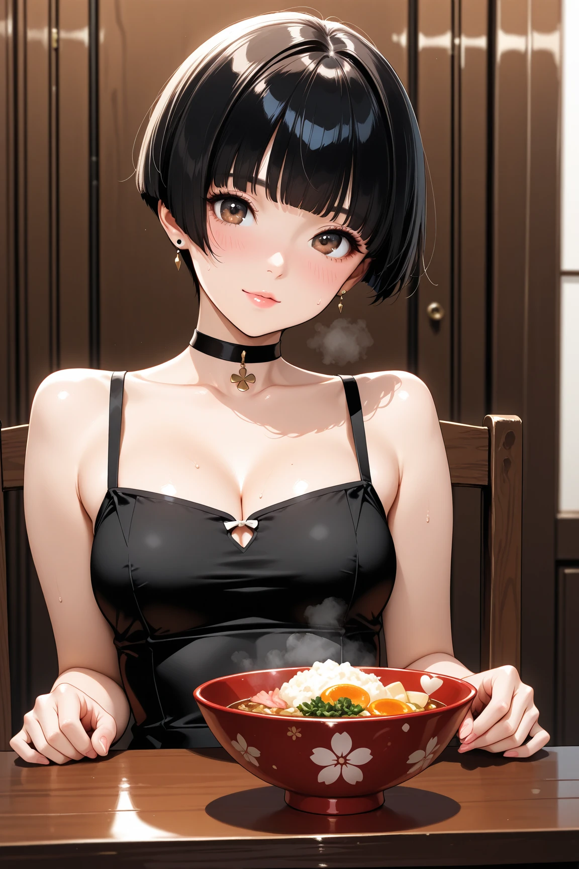Beautiful girl、Japanese、Black Hair、Bobcut、Curry restaurant、Katsu curry、Pose of Masuta、Real、Finish like a photo