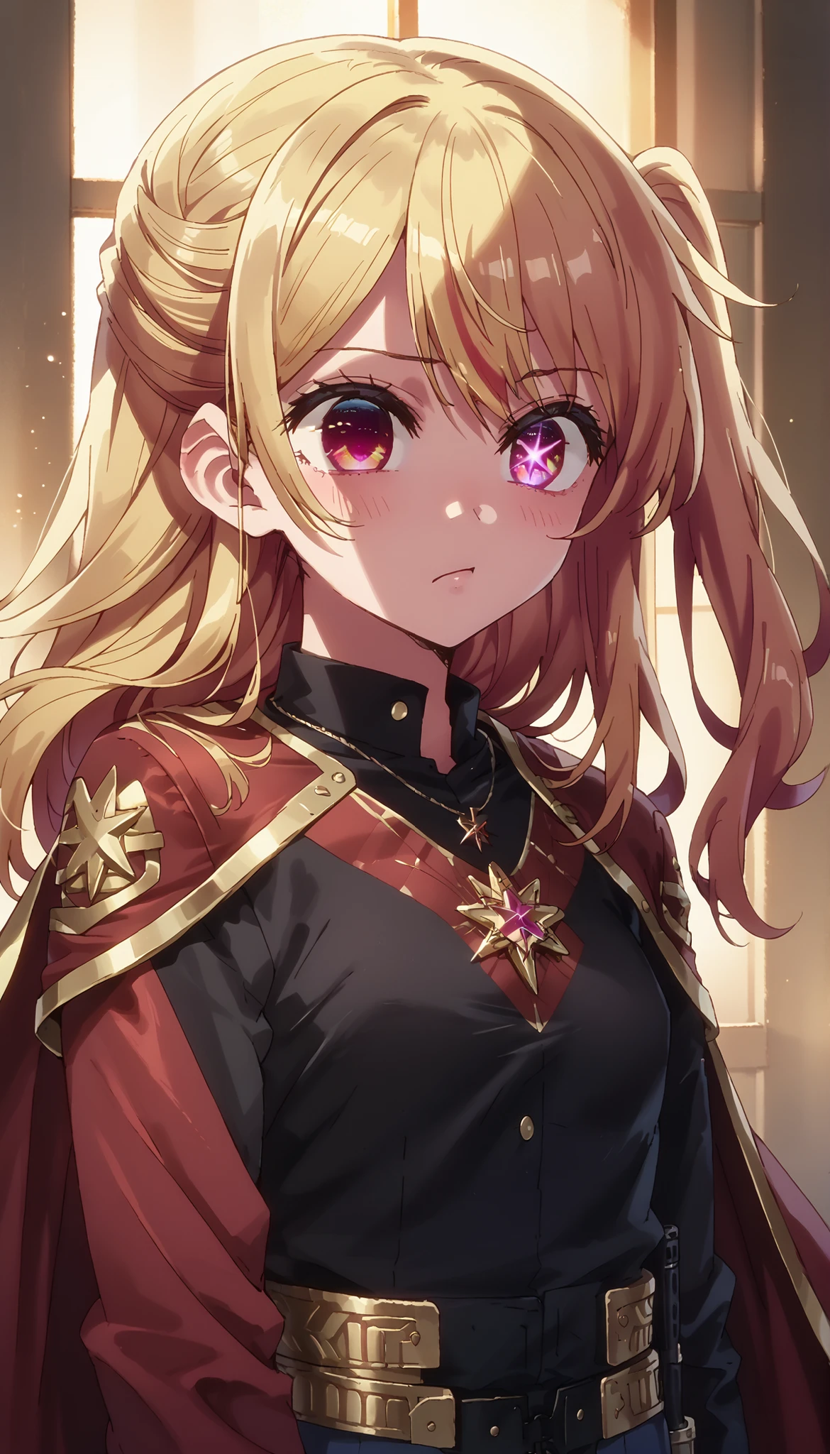 1girl, hoshinoruby, solo, star-shaped pupils, long hair, one side up, blonde hair, small breasts, BREAK
black shirt, long sleeves,, necklace, sparkling aura, BREAK
dressed in a body uniform and cape. metallic silver, with deep reds, blacks, or gold accents embodied 
 backlighting, score_9, score_8_up, score_7_up, score_6_up, anime,  fizrotart, glowing eyes,
(high quality, detailed, beautiful), shiny, detailed beautiful eyes, outstanding, countershading, detailed soft lighting