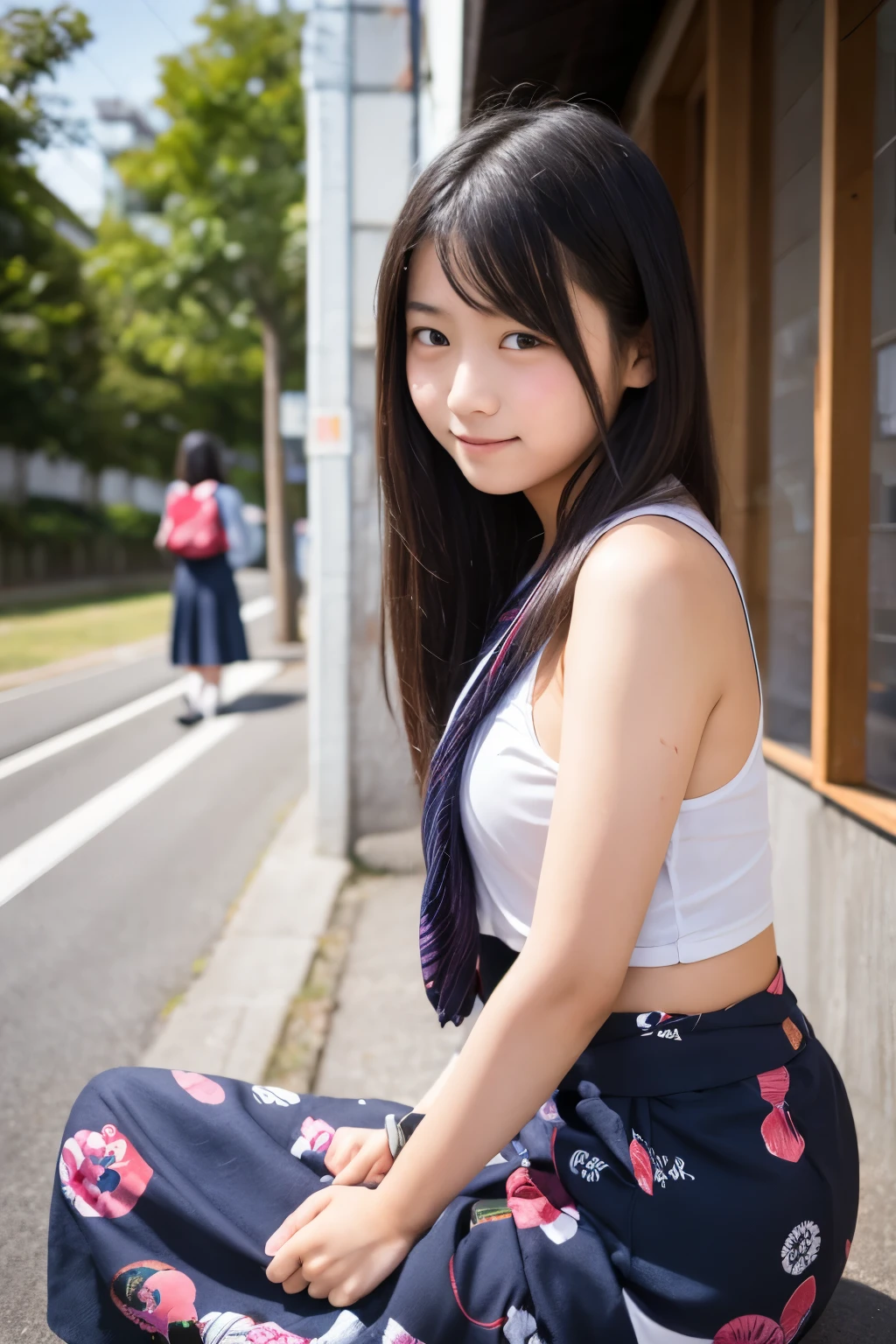 ((No clothes))、A girl walking under the cherry blossoms in an old Japanese street,Thick pubic hair,Small nipples、school bag,12 years old,Young Face、bangs,A small smile,Thighs,knees,Low ponytail with barrette,From below,Front light