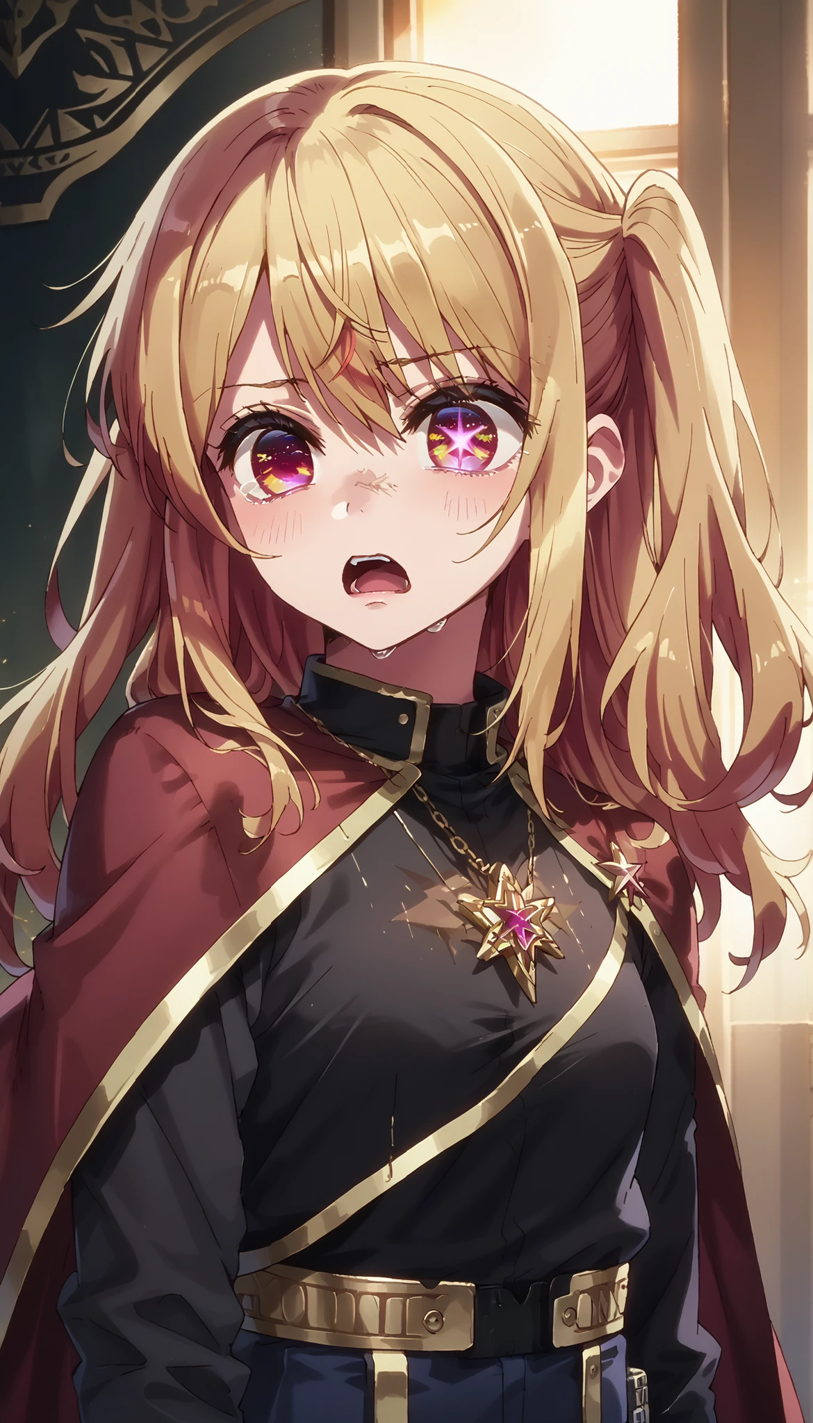 1girl, hoshinoruby, solo, star-shaped pupils, long hair, one side up, blonde hair, small breasts, BREAK
black shirt, long sleeves,, necklace, sparkling aura, BREAK
dressed in a body uniform and cape. metallic silver, with deep reds, blacks, or gold accents embodied
backlighting, score_9, score_8_up, score_7_up, score_6_up, anime, fizrotart, glowing eyes,
(high quality, detailed, beautiful), shiny, detailed beautiful eyes, outstanding, countershading, detailed soft lighting, scared expression