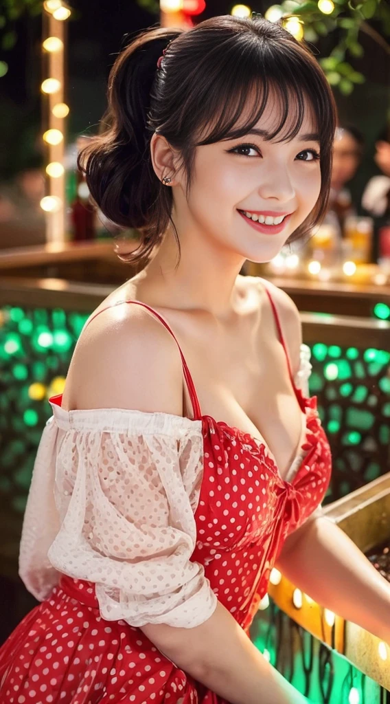 (Mastrepeace:1.2,Best Quality,ultra-detailliert) sexy kimono, Bare shoulder, Bare legs, Open V chest clothes, sexy cute beautiful detailed face, 1girl in, The face of the Japan idol, NSFW, The cherry tree, flower eating hairstyle、A smile, Nice teeth, Sexy Pose, Colossal tits、 girl、花魁、花魁、Kimono、Flower qui hairstyle