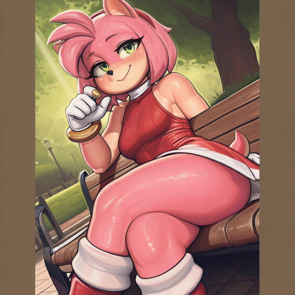 pov, amy rose, sitting, skinny, crossed legs, red dress, looking at viewer, dick flash, hairy penis, green eyes, foreskin, inside a train