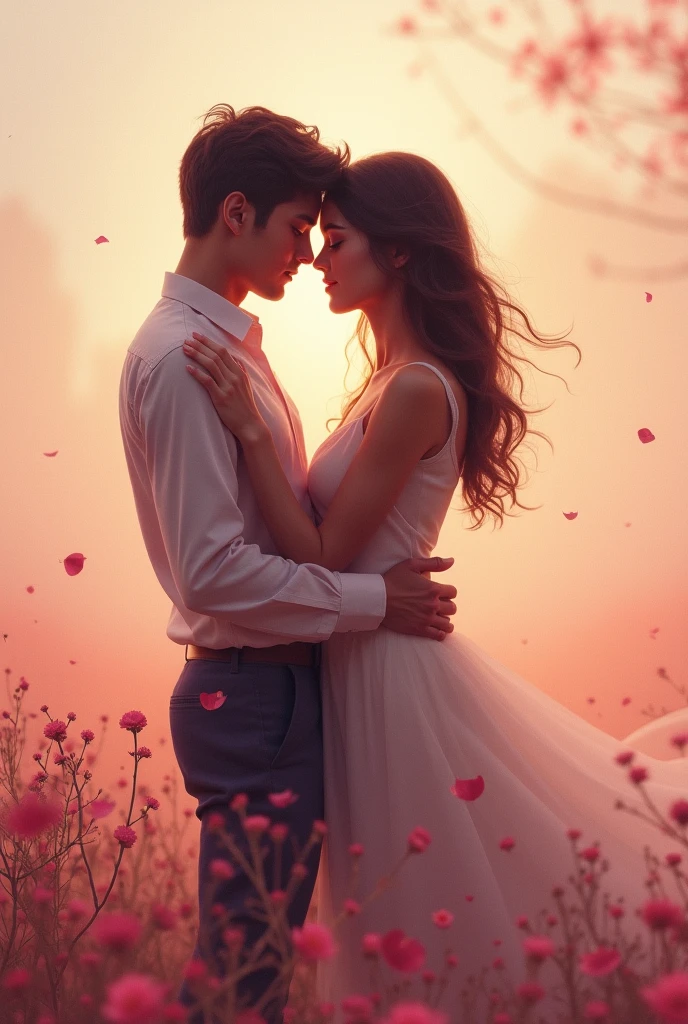 In a romantic atmosphere,couple cuddling,Walk in the Sea of Roses,Under the stars,Feel the romantic theme of Valentine's Day。