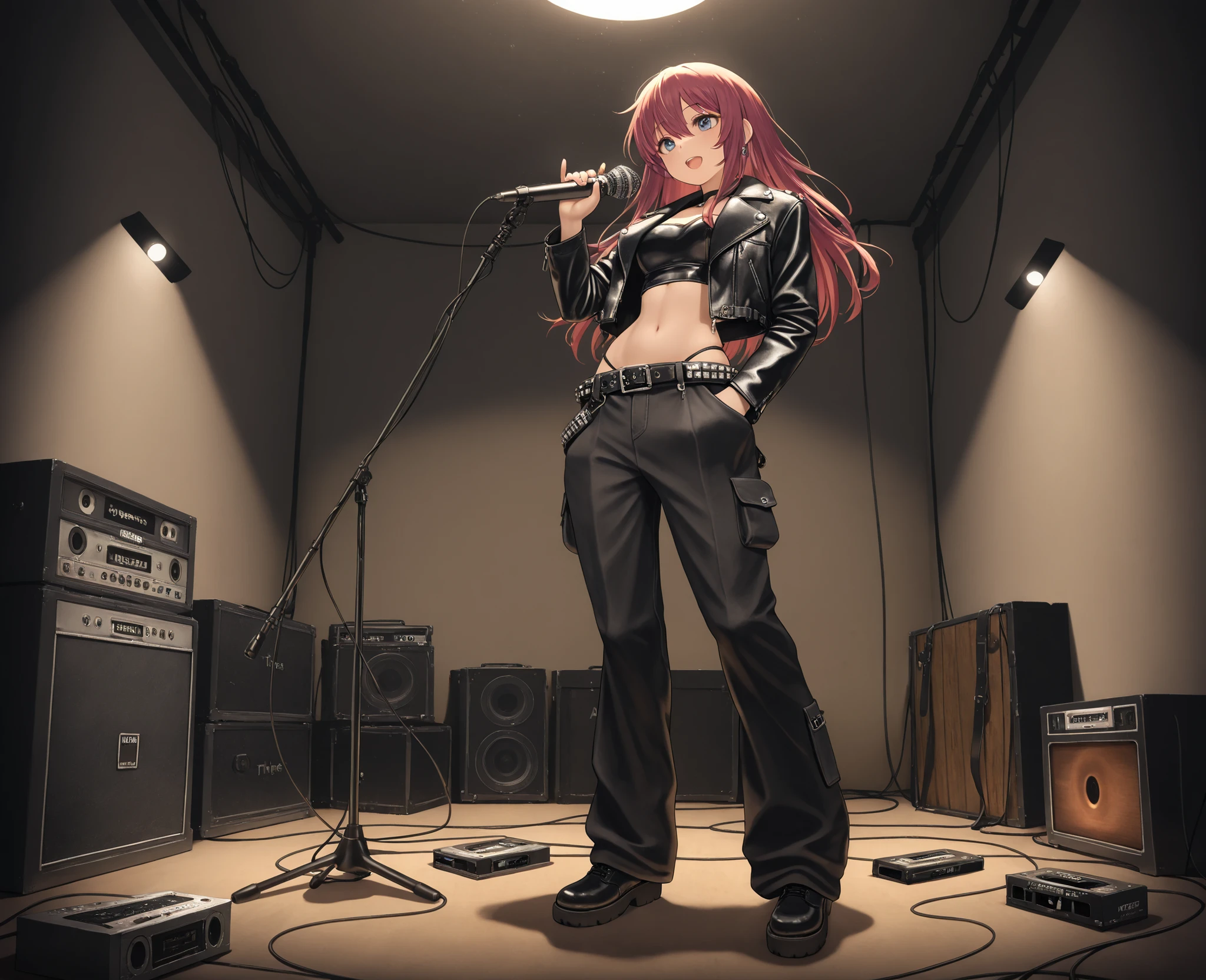 (masterpiece), (beautiful), (detailed), (postapocalypse), (atmospheric), darkened room, girl, sexy, alert , leather jacket, Wide leg pants, lots of pockets , holds the microphone, wire on the girl's belt, there is a player with a cassette tape, with one hand from the microphone to the player, there is a