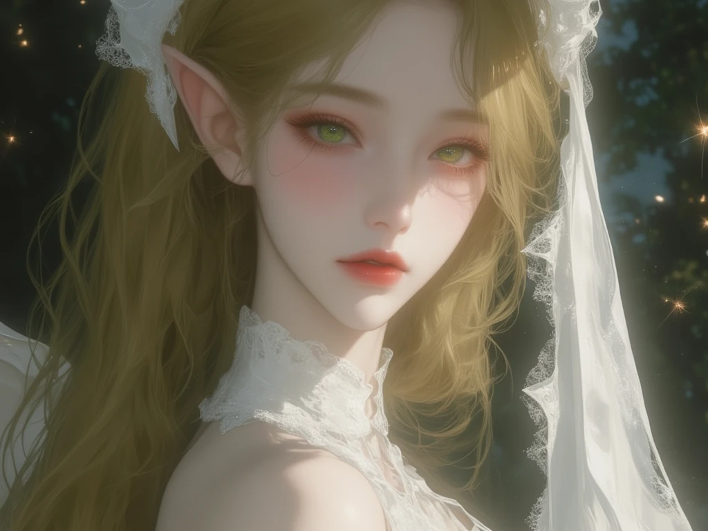 ((by Anders Zorn)), (by Annie Swynnerton), cinematic shot, cute face, realistic, insane detail, elf, princess, ghost, plastic, sexy golem girl made out of crystal inside a cave, diamond skin, geometrical, realistic, x-ray, visible bones, transparent skin, reflections, reflective, red eyes, wedding dress