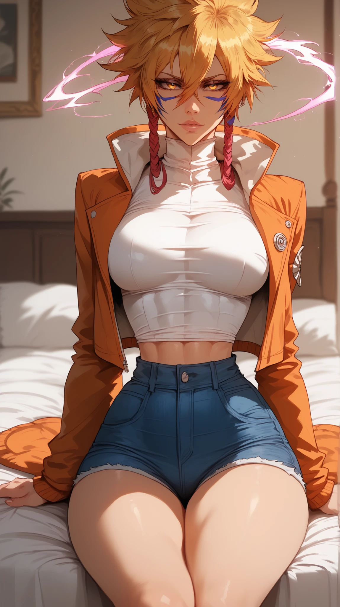 (best quality:1.5, highres, UHD, 4K, detailed lighting, shaders), red afro haired, gradient hair, large breasts, suit, white shirt, white social shirt, white short skirt, mature woman , (pov), white background, colorful eyeshadow, dramatic lighting, sparkling eyes, sensual expression, golden earrings, flowing hair, delicate facial features, soft skinned, high cheekbones, urban setting, white background, dont look for the camera, lean forward, full body