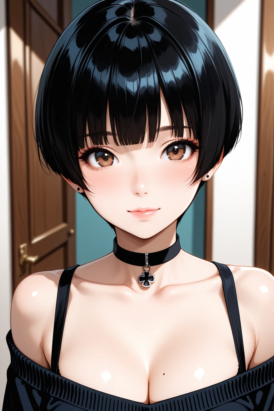 masterpiece, best quality, 1girl, black hair, very short hair, pixie cut, tan, medium breasts, messy hair, night, looking at viewer, blush, choker,