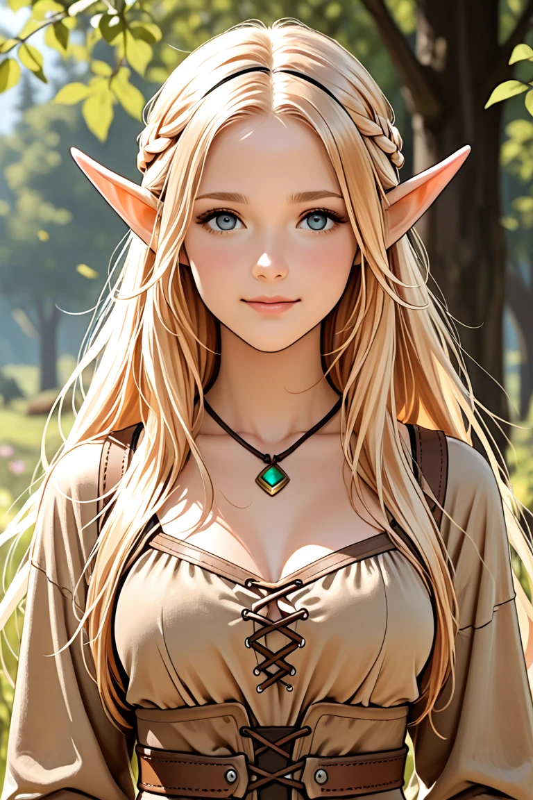 1 girl, Beautiful elf lady, blonde Long straight hair, upturn elf pointy ears, sexy figure, hot body, big breast, very beautiful face, detailed face, delicate eyes, detailed pupil, beautiful and delicate lips, blush, shy, heart, in love, white camisole long skirt, Simple and stylish, small crystal earrings, hand drawn animation, high detailed, outdoor, symmetrical clothes, best quality, masterpiece, retina,