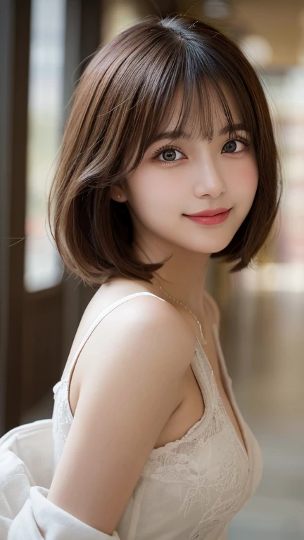 ((masterpiece)), ((Highest quality)), ((Complex)), ((Surreal)), (Realistic), (Mature Woman), ((There are no classes)), Very detailed, (1 female), Beautiful and exquisite, (Beautiful Teeth), Grin, Brunette bob hair, Brown eyes, ((blouse)), (Upper Body), (background:none), Perfect Eyes, Captivating eyes, Looking at the audience