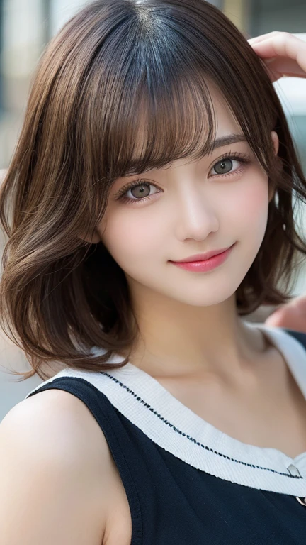 Realistic、Masseter region、Highest quality、High resolution、RAW Photos、Realistic、Bright lighting、Face Light、Smooth Professional Lighting、One Woman、Japanese women、Beautiful woman、Modeled、gravure、sexy、so beautiful、Realisticで美しい肌、Beautiful and detailed、Detailed face、slim、Large Breasts、Cleavage、short hair、Brunette Hair、Brown eyes、Looking into the camera、Cheerleader、Cheerleader、Cheerleader、smile
