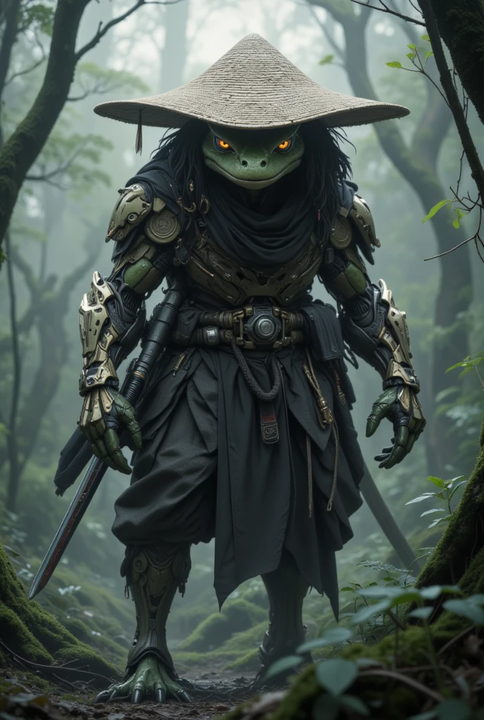 Colombian mythological character,Little man ,with big hands and giant feet ,He wears a very very very large hat that only allows you to see his feet and hands that cover his head and half of his body. His face and body cannot be seen because they are under the hat., wears green armored snake leather pants ,His weapon is a whip made of human skins
