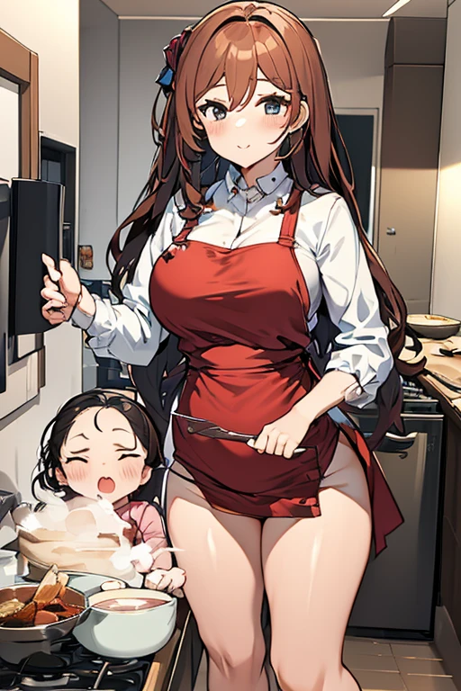 Beauty mother-in-law Black Hair A little height difference Mother and daughter have beautiful breasts hair band Both mother and daughter are holding back tears. kitchen White bra White panties White knee-high socks naked