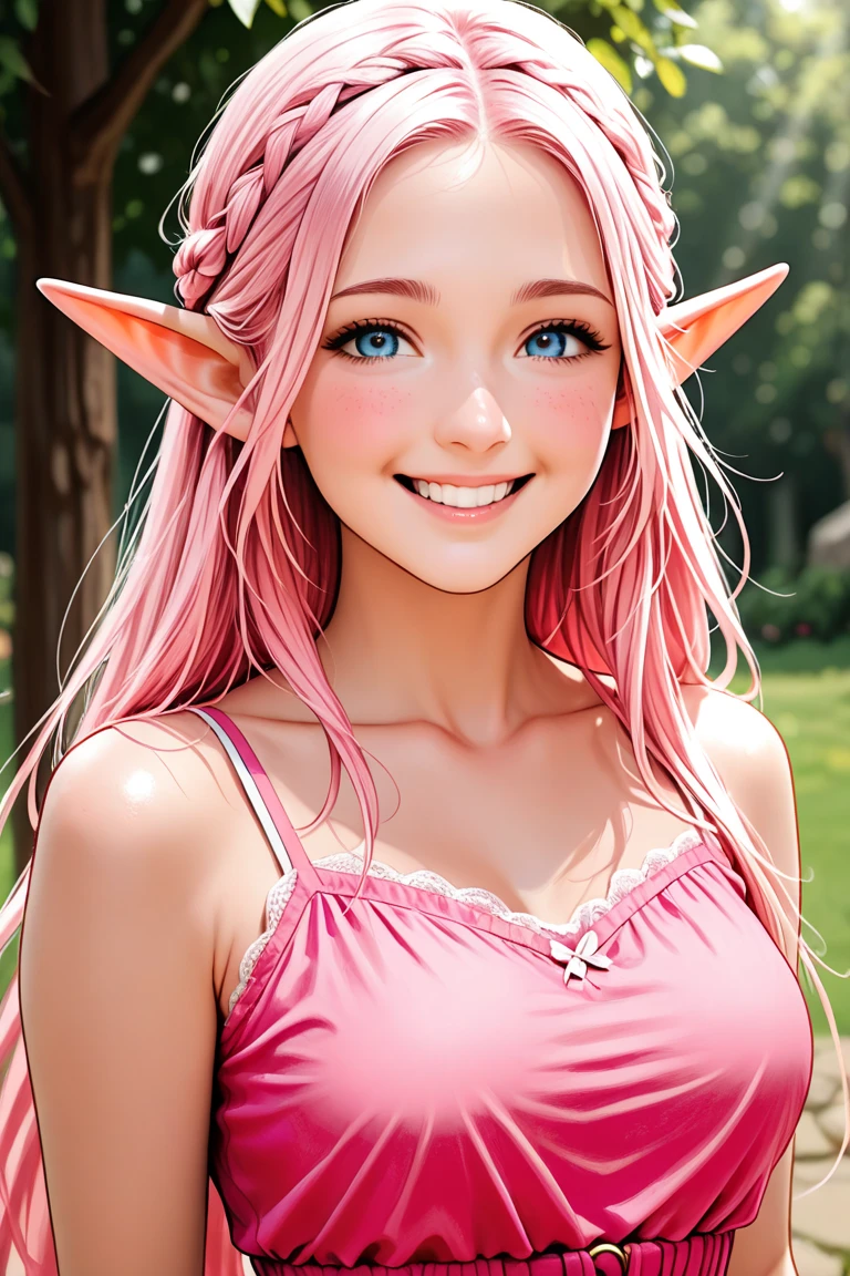 (best quality), 1girl, female, sun kissed skin, blonde hair, medium hair, swept bangs, pink streaked hair, brown eyes, perfect eyes, freckles, , (elf), pointed ears, fantasy dress, smile, small bust, masterpiece, anatomically correct, highres
