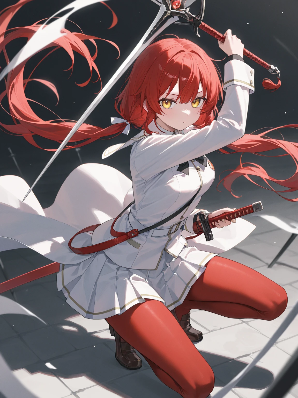 Highest quality, 1 girl, best quality, long red hair, ahoge neck collar shirt black, shows shoulders, white dress, long white skirt on right side, white thigh highs, red eyes, white outfit, smiling, serious eyebrows, full body, holding big sword