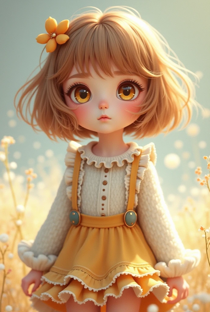 Create image of a little girl of 6 years old, with light brown hair, chanel cut with bangs, wavy hair, brown eyes, simple plaid vesido , playful style, disney style, children's stories style, background a beautiful yellow green house in the background, 88k 2d --V-