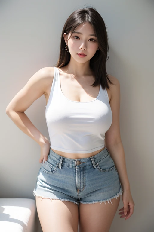 ((smile)),((Height: 165cm)),((Weight 75kg)),(cowboy shot),((Highest quality)), Realistic, Very detailed, In detail, ((High resolution)), 8k,Japanese women,sexy,Beautiful Skin,Beautiful Eyes,Detailed face,((short hair)),Brunette colored hair,20th Generation,(busty breasts),(Beautiful Eyes),(Adult),((A whole cake of shortcake)),((white tank top)),((shorts))