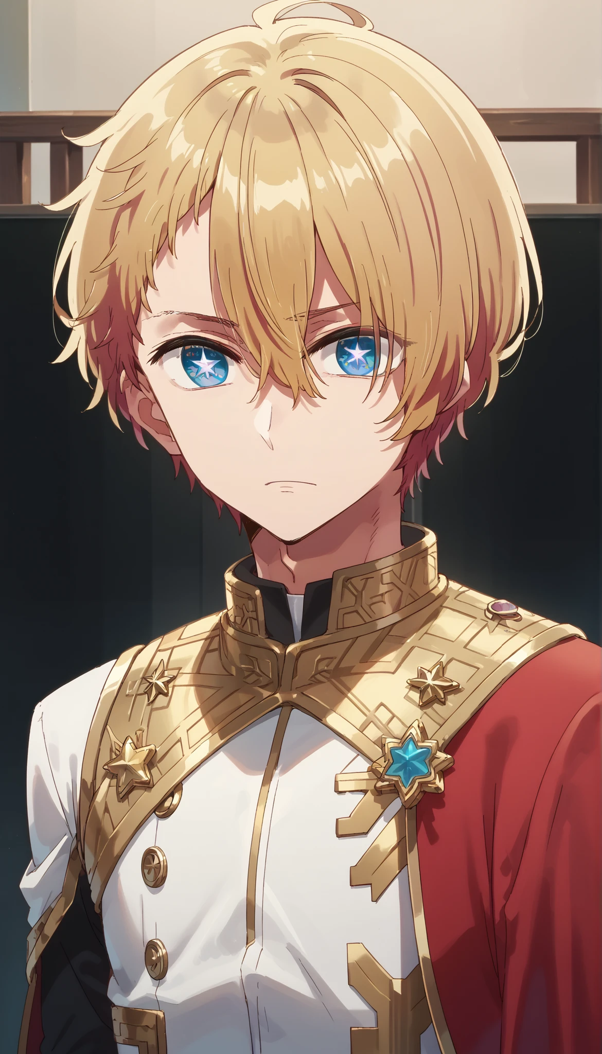 masterpiece, best quality, high quality, 1boy, solo, male focus, looking at viewer, upper body, hoshino_aquamarine, star-shaped_pupils, BREAK dressed in a body uniform and cape. metallic silver, with deep reds, blacks, or gold accents embodied, deadpan expression