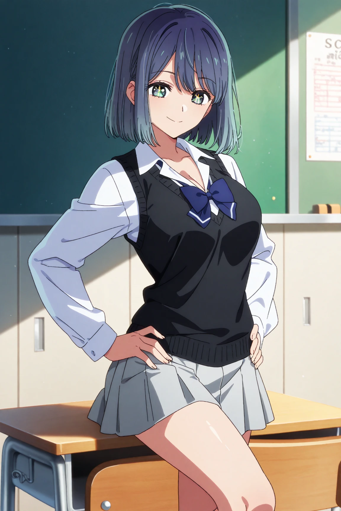 Beautiful lighting, One Girl, solo, Akane, White shirt, (((skirt))),Sweater vest, Black vest, Blue tie, ((Anime Style))、((2D))、Laughter、Open your mouth、Look forward,((Cotton panties with crotch)),(((skirtめくり, I can see your pants))),squat,From below,