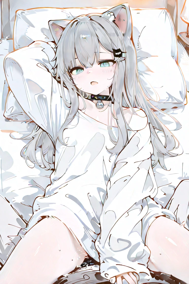 (muste piece), (best quality), (score_9, score_8_up, score_7_up), very detailed eyes, expressive eyes, perfect face, very detailed face, highly detailed face, beautiful girl, 8K, beautiful girl, white background, delicate and beautiful face and eyes, dark intense shadow, 1 girl, vtuber style, cool girl, hololive, Murasaki Shion, white hair, unbuttoned pajamas, bra, cameltoe, ass visible through thighs, small chest, clavicle, closing eyes, sleeping, breathing, (full body), barefoot, naked thighs, lying on bed, from below, pov crotch,