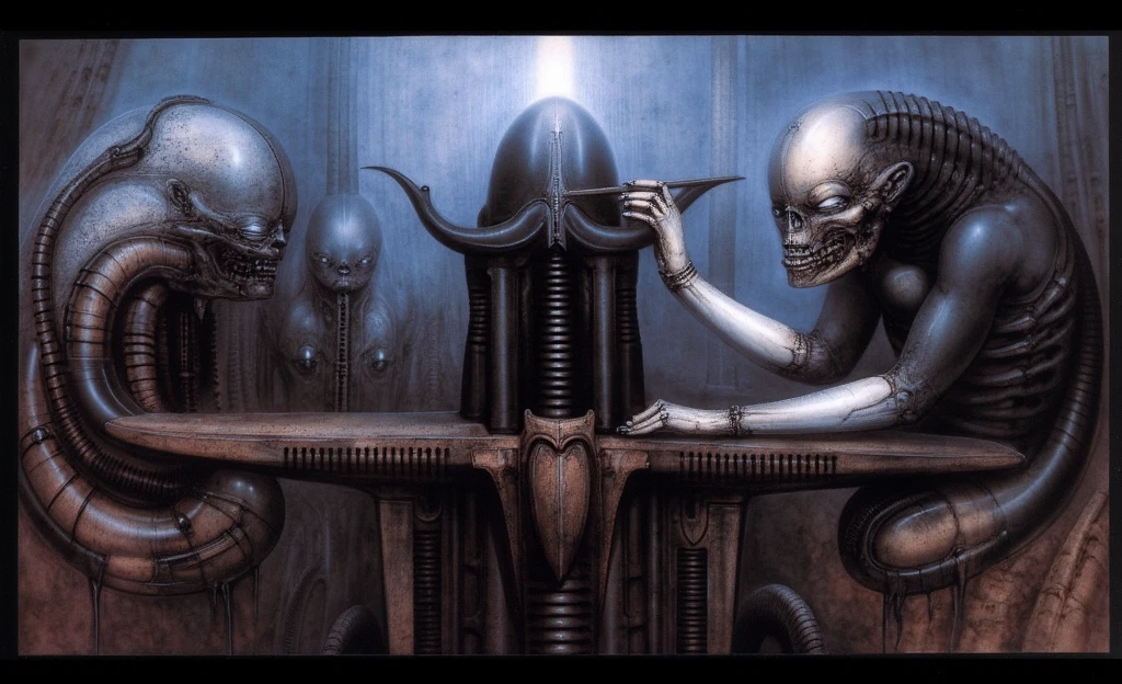 masterpiece, best quality, absurdres,  xenomorphdna, 1girl, sitting, faceless, black skin, colored skin, armored dress, looking at viewer,