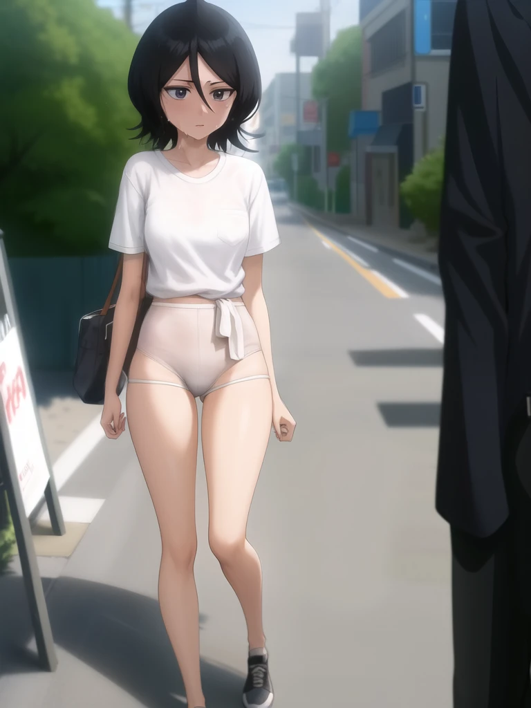 anime outfit capture, forst,pathway,
1 girl, standing alone, shorth hair, Bblack hair, purples eyes, tight white panties wet white t-shirt,She is alone on a street full of shops
