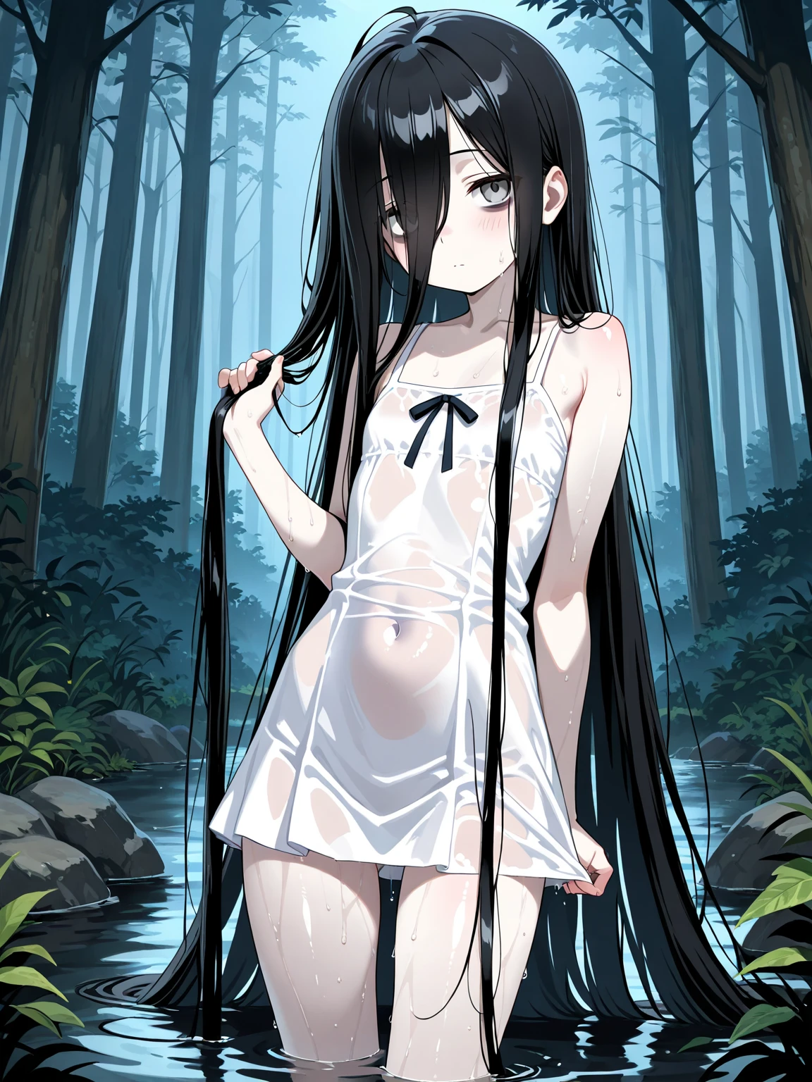 beautiful, cute (((5yo anime girl, preteen))), blue eyes, blond long hair, (((tiny body, skinny, small, short, flat chest))), small round butt, wearing tiny, super minimalistic white thong bikini, barely covers butthole, (((visible butthole))), (((in a forest, moonlight, Moon))), squatting, looking down at viewer, poker face, full body view from below, low angle view, embarrassed, uncomfortable, best quality, masterpiece, soft lighting, highly detailed,
