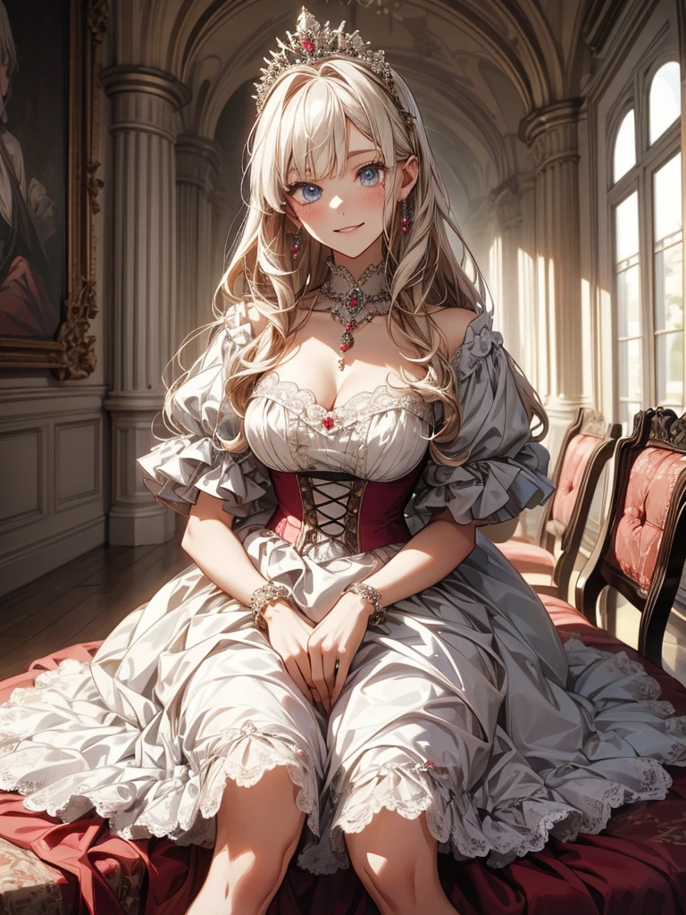 (masterpiece, best quality), portrait, upper body shot, 1 girl, perfect body, big breasts, perfect eyes, ruffled lingerie, sitting pose, simple throne, black crown, royal throne room with elaborate details, natural lighting, clean lines, perfect illustration