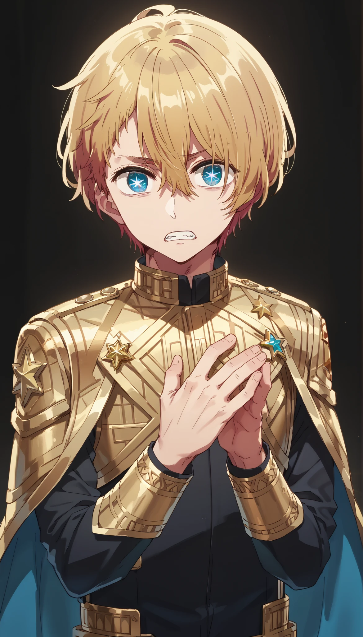 masterpiece, best quality, high quality, 1boy, solo, male focus, looking at viewer, upper body, hoshino_aquamarine, star-shaped_pupils, BREAK dressed in a body uniform and cape. metallic silver, with deep reds, blacks, or gold accents embodied, deadpan eyes blank, holding chest Constricted pupils , Clenched teeth , Surprised , expression