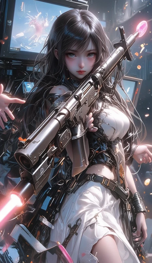 headgear,Complex Mechanical Bodysuit,((Red eyes)),((Ruined City)),(Backlight,cinematic lighting),(breasts),(thighhighs),(cleavage),(elbow gloves),(garter straps),(android),((gatling gun)),((diffraction of light)),((tyndall effect)),(((pale red lip))),(((fuller lips))),(((beeline))),(((sense of depth))),((highest quality)),((32K)),((HDR)),((Ultra-high resolution)),((RAW)),((Realism)),((masterpiece)),(Intricate details),(Delicate and beautiful details),Detailed eyes,Detailed facial features,glossy lips,((((madeon)))),((perfect anatomy)),gleaming skin,(best illuminate),(cinematic shadows),((absolutely resolution)),((incredibly absurdres)),((highres)),(refraction_1.4),((ultra detailed)),