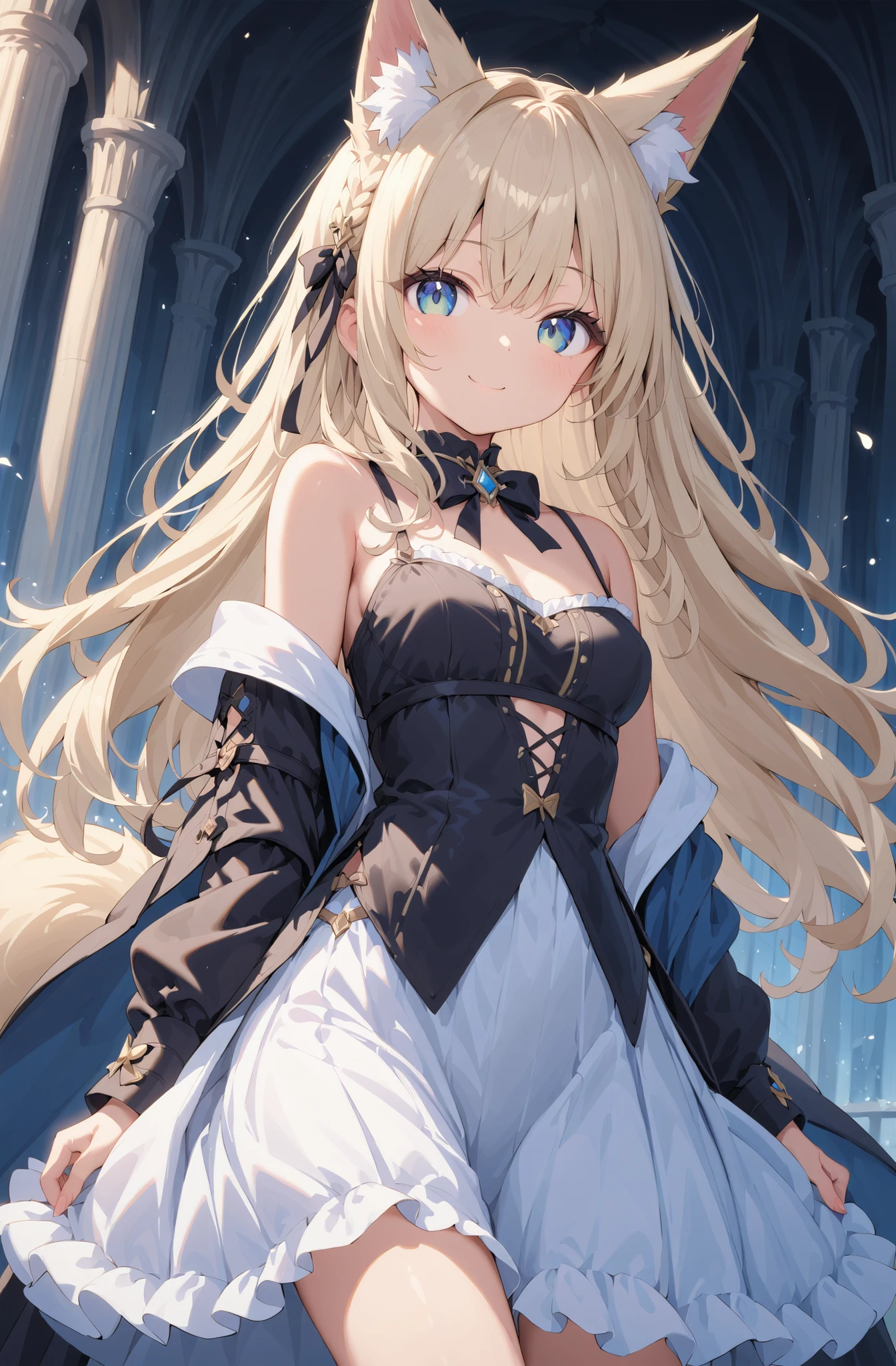 masterpiece、concept art、(very detailed)、 (((masterpiece、Top quality))) 、Girl tarry sky、Moonlight:1.2、Hanabatake、(fox ear、Off-the-Shoulder、platinum blonde、Long Hair、ruffle skirt)、( A soft smile ) 、 deep background