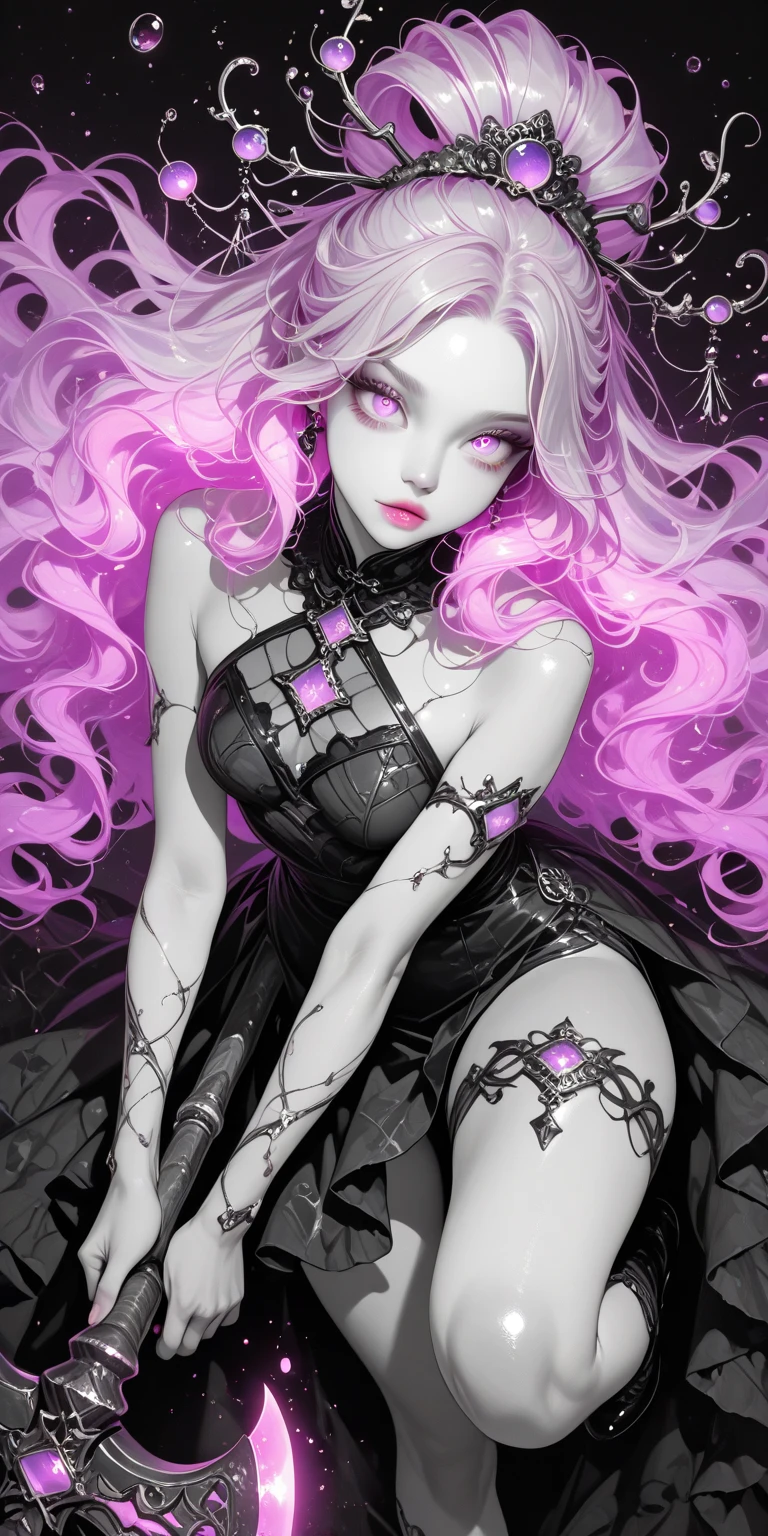 a gothic woman with striking pink hair adorned with rainbow streaks, dressed in fishnet stockings paired with heart-shaped garter belts, exuding an aura of allure through her confident and stylish poses