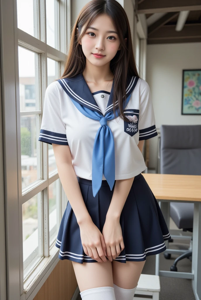 (Masterpiece, Highest quality:1.2), 8k, beautiful girl, 85mm,OFFICIAL AR RAW PHOTO, Young face、big breasts、Show me your ears.、photography, Cute face, thigh, classroom after school, looking at the audience, Embarrassing、smile、No makeup, Film texture, Chromatic aberration, Sharp focus, face light, clear light, ten generations, detailed face, background bokeh、((((((15 year old high school girl))))))、Thin waist、sailor suit、Navy blue short skirt、small white panties, bare chest, Not wearing a shirt