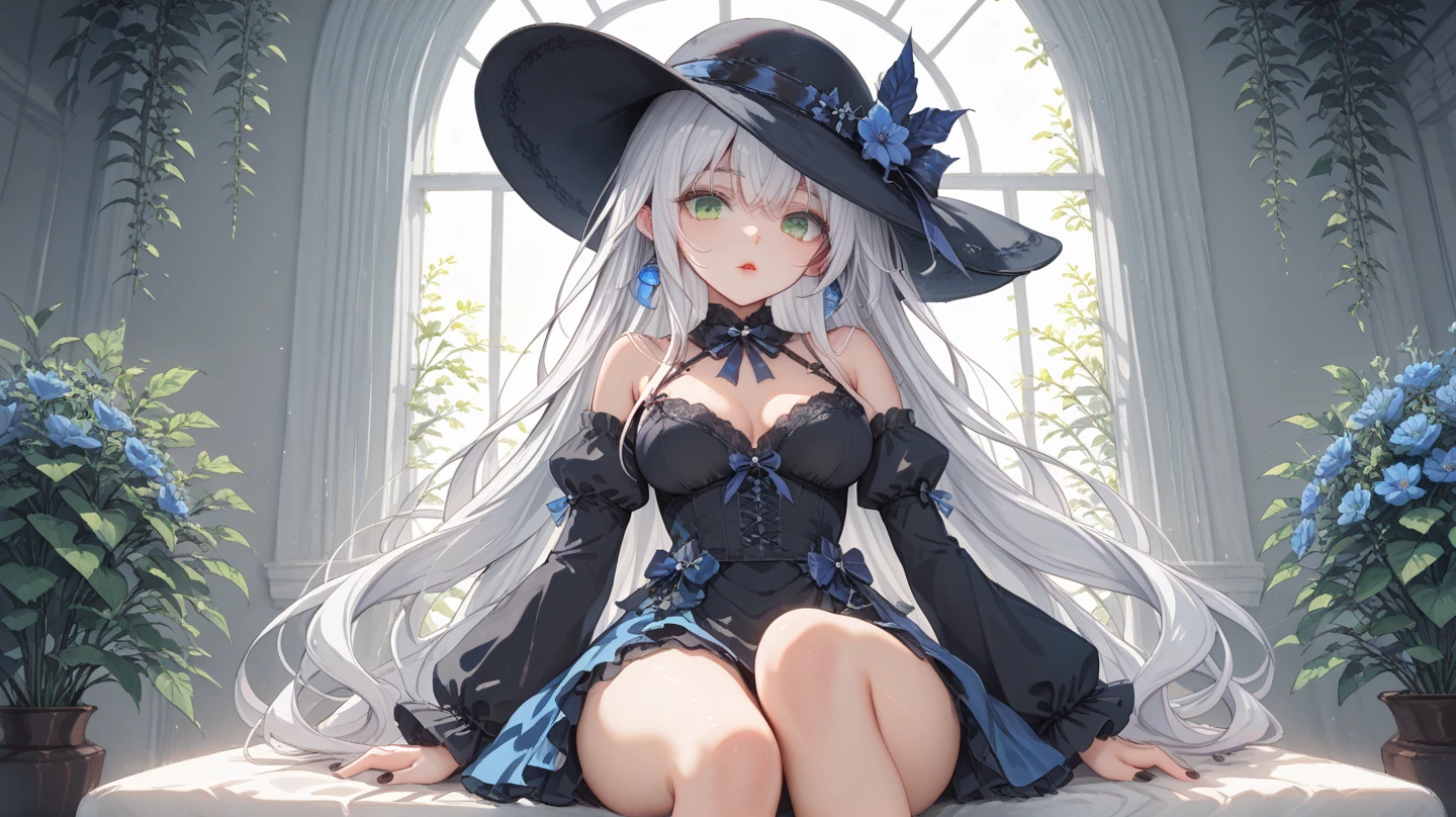 (masterpiece), best quality, perfect face,high res, ultrasharp, 8K, masterpiece,elegant woman with nice long white hair,a black summer hat,a black nice dress, seems rather cold,grey eyes,sits at the beach,grey eyes,black elegant dress,side view,not looking at the camera,cold acting
