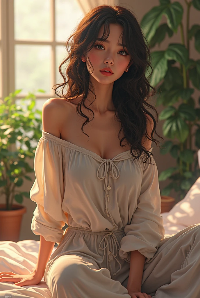 anime, beautiful woman, sitting on bed, wearing loose off-shoulder top, pajama pants, long curly hair, indoors, soft lighting, plants in background, window with sunlight, cozy room, relaxed pose, realistic, intricate details, warm colors, by Greg Rutkowski, by Alphonse Mucha