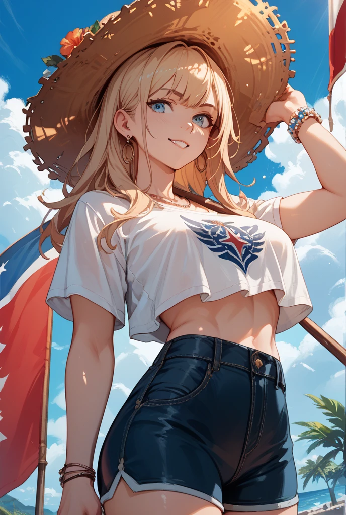 <lora:alice:0.8> alicems , hat, baseball cap, off shoulder, cleavage, belt, bikini, shorts , shirt, river, riverbank, (masterpiece, best quality,highres, perfect hands)