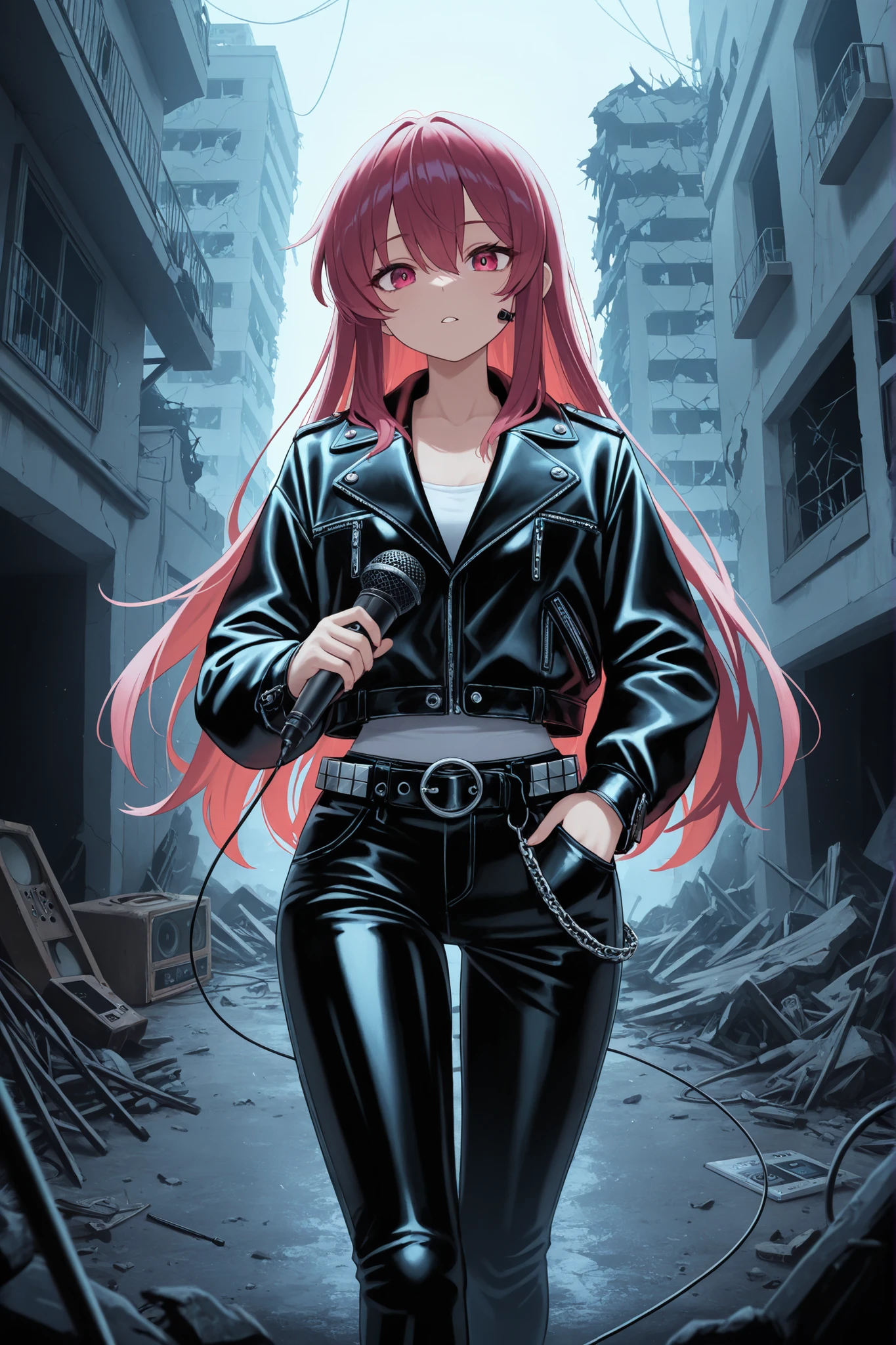 (masterpiece), (beautiful), (detailed), (postapocalypse), (atmospheric), destroyed building, darkened room, girl, sexy, alert , leather jacket, Wide leg pants, lots of pockets , The jacket has a lapel microphone, girl держит в руках видеокамеру, wire on the girl's belt, there is a player with a cassette tape, with one hand from the microphone to the player, there is a