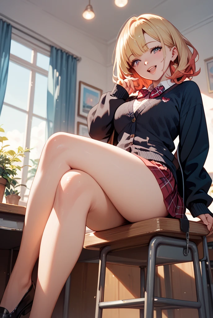 1girl, solo, long hair, breasts, looking at viewer, blush, smile, bangs, skirt, blonde hair, brown hair, shirt, thighhighs, long sleeves, bow, brown eyes, sitting, closed mouth, , jacket, full body, white shirt, braid, thighs, pleated skirt, collared shirt, indoors, bowtie, red bow, feet, white thighhighs, lips, legs, parted bangs, plaid, toes, plaid skirt, no shoes, blazer, blue jacket, red bowtie, knees up, on floor, chalkboard, asuna \(sao\)