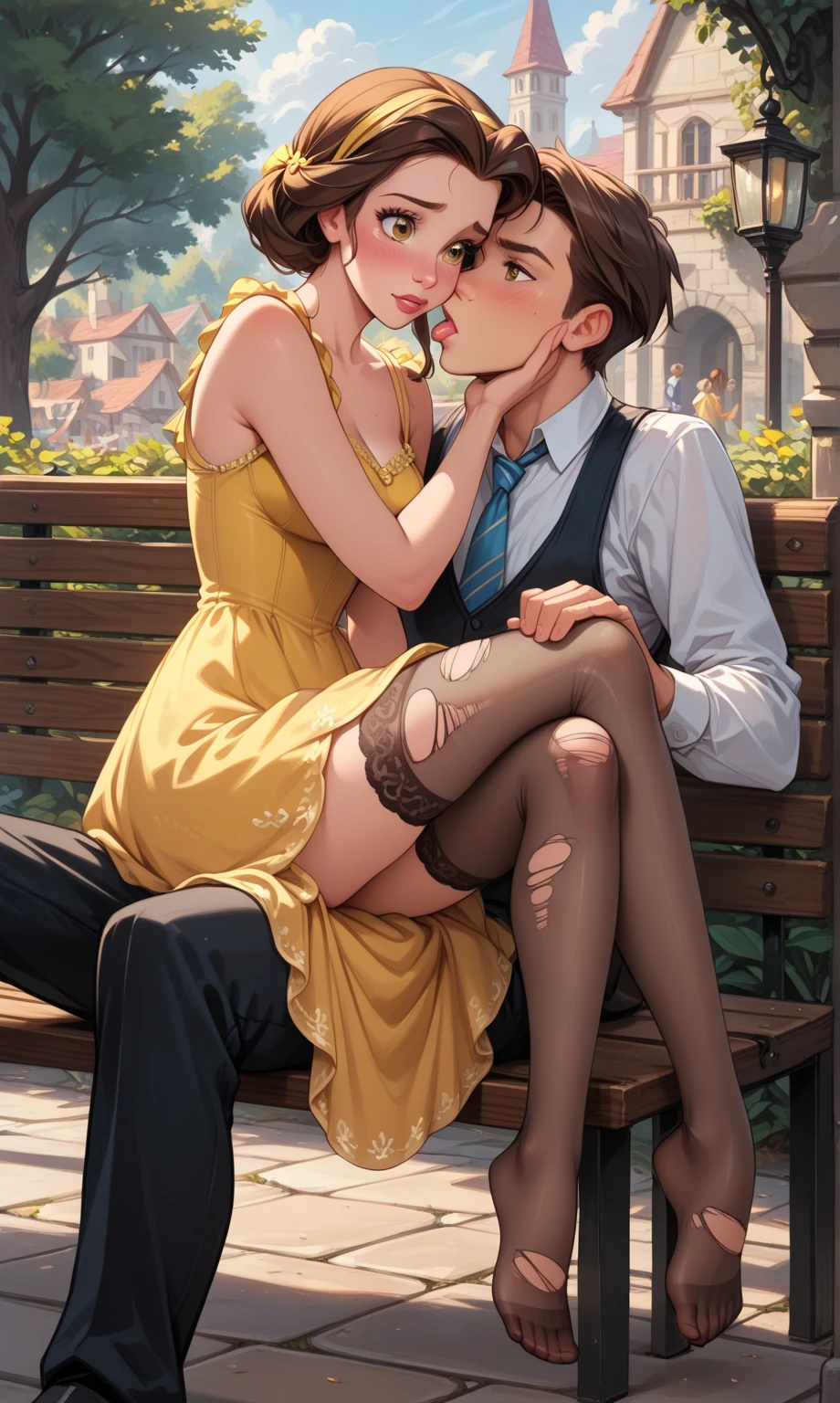 The man in his 45s with black very short hair and smooth face with moustache. The woman in her 45s with brown wavy long hair. The man is wearing a white shirt with the buttons open. The woman is wearing a yellow dress. In the outside garden. Night, dark, dim. The woman is sitting at the iron table. Missionary sex. They are screaming. Orgasm. Passion. Erotic. Realistic. Ulrta realistic.