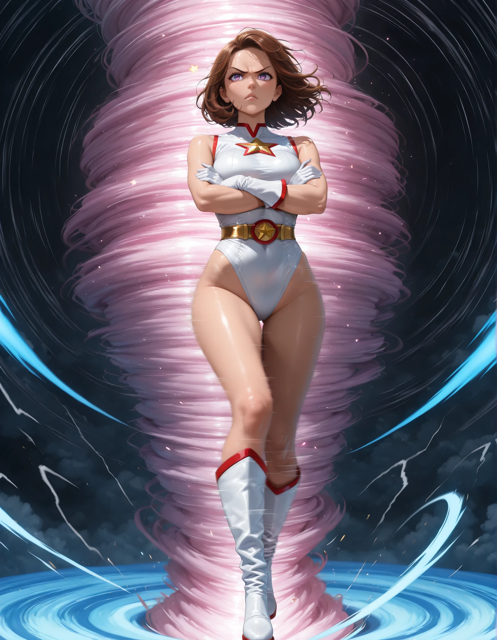 ((masterpiece)). ((best quality)), ((highres)), 1girl, solo, short hair, brown hair, purple eyes, (full body), standing, hands on hip, (sleeveless white and red leotard with yellow accents and star emblem embedded in chest area), (matching white gloves), ((bare legs)), superhero, tokyo city backdrop, matching boots, medium breasts, 20 age,