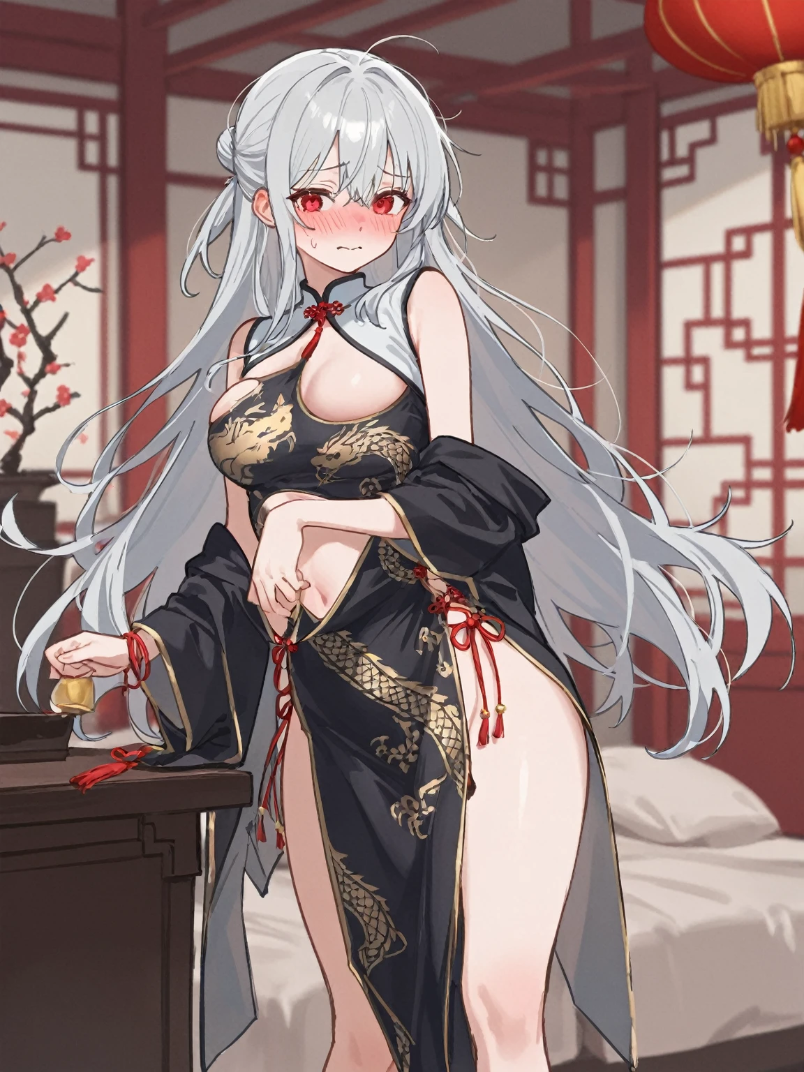 saints,Elegant and charming,Smile,in love,(Transparent colorful Hanfu,Sophisticated and gorgeous design),black gloves,silver hair,blue eyes,see through transparent clothes,Exquisite hair accessories,Transparent lace,flower pattern,dress nicely,The background is an old Chinese palace,elegant posture,night,Carved suspender boots,Super super details,Divine magic,light particles,Exquisite and beautiful face and eyes