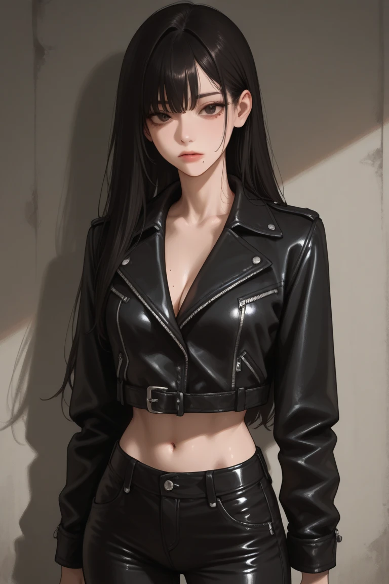 black leather clothes,Black leather pants,Black boots,slimfigure,cabelos preto e longos,full bodyesbian